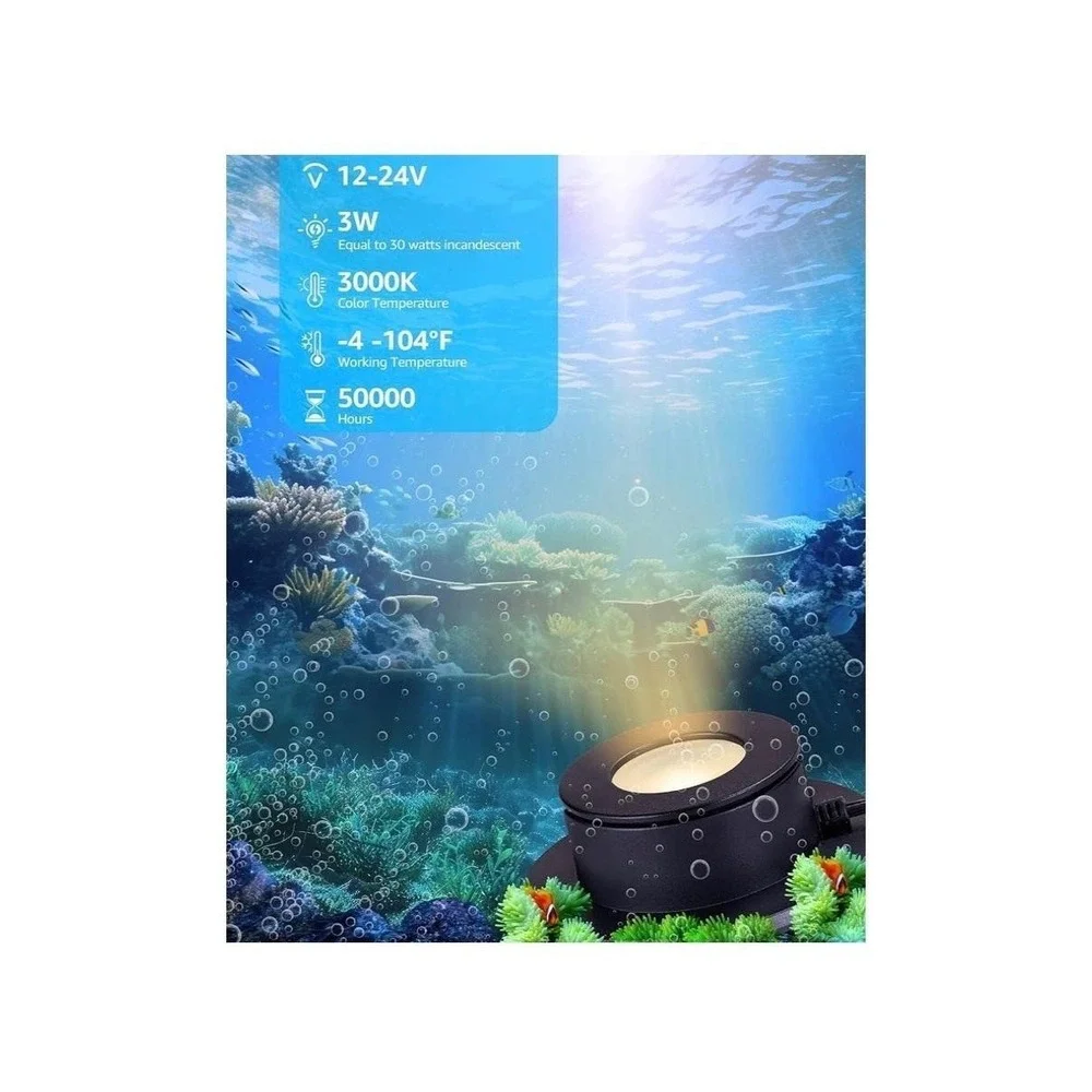 SUNVIE 3W IP68 Underwater Pond Lights LED 12-24V Warm White Outdoor 4 Pack Black
